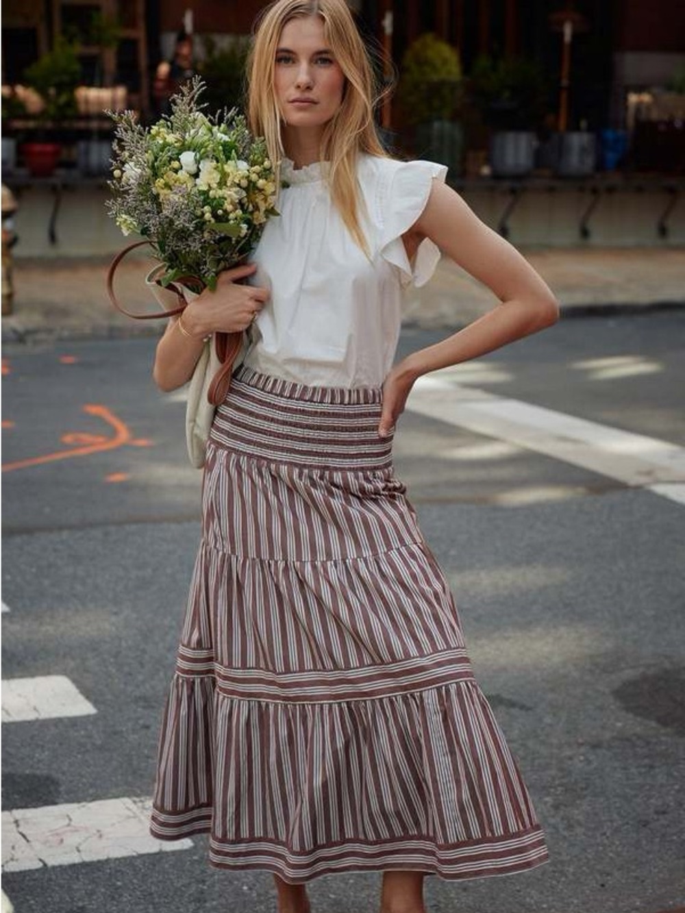 Cartolina Kylie Cotton Poplin Midi Skirt  Cappuccino/White Stripe (16)
